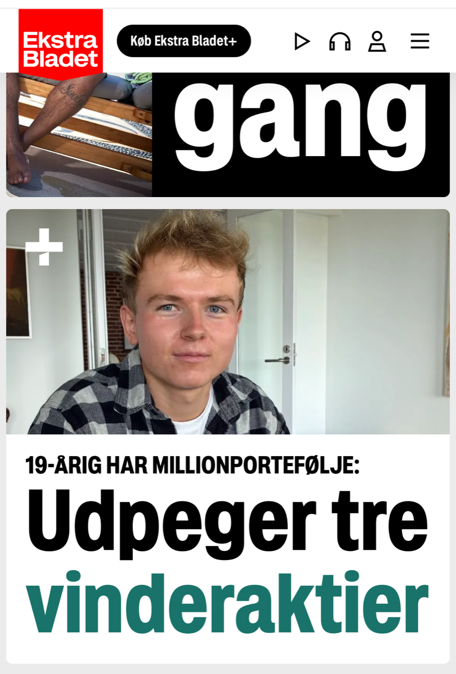Screenshot af Ekstra Bladets forside med artiklen: 19-årig har millionportefølje: Udpeger tre vinderaktier